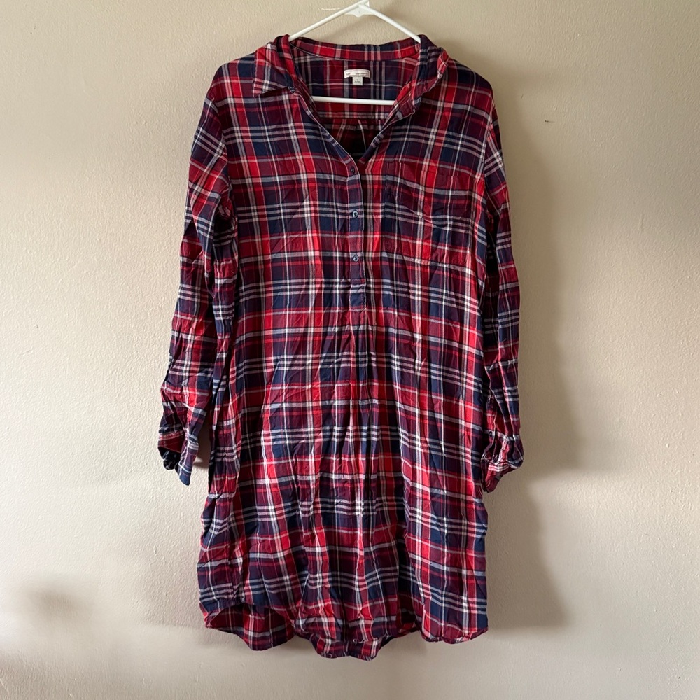 GAP Red Navy Plaid 100% Cotton Flannel Long Sleeve Shirt Dress Americana Size L